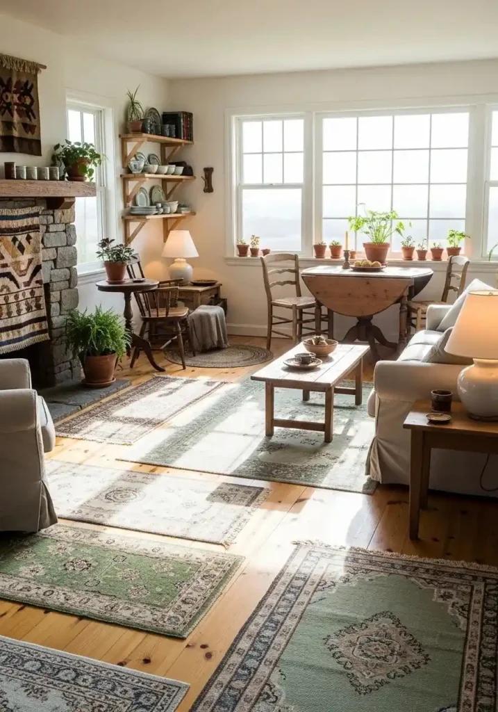 Cottagecore living room with natural wooden floors and rugs