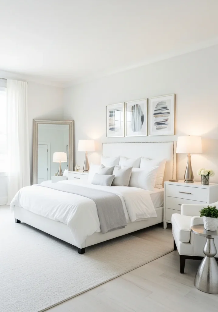 White bedroom with elegant metallic accents.