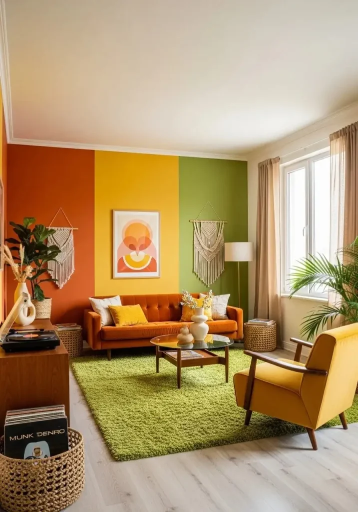 70s living room with earthy tones of orange, yellow, and green.