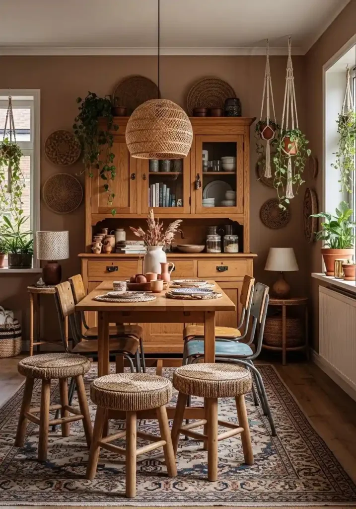 Boho dining room with vintage furniture adding character and charm