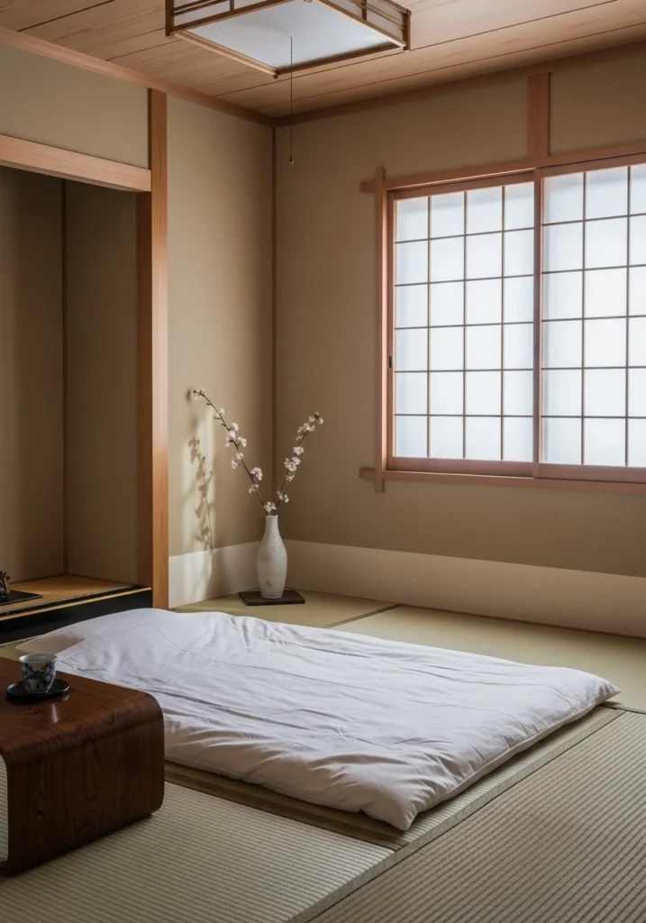 Japanese bedroom featuring tatami mats and low futon bed