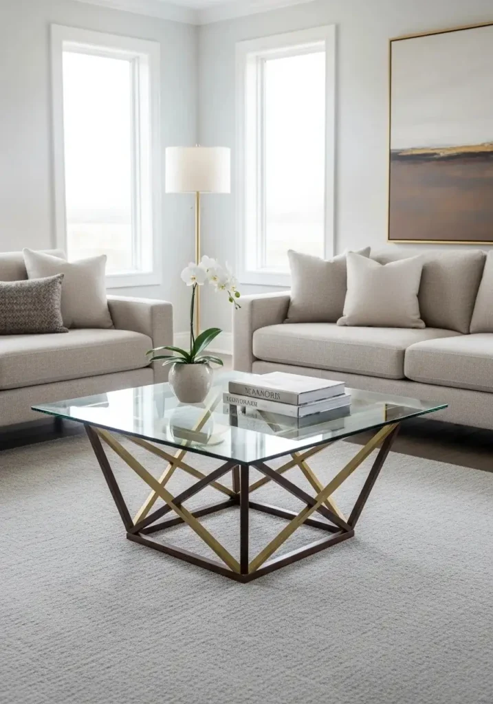 Geometric glass coffee table in a contemporary living room.