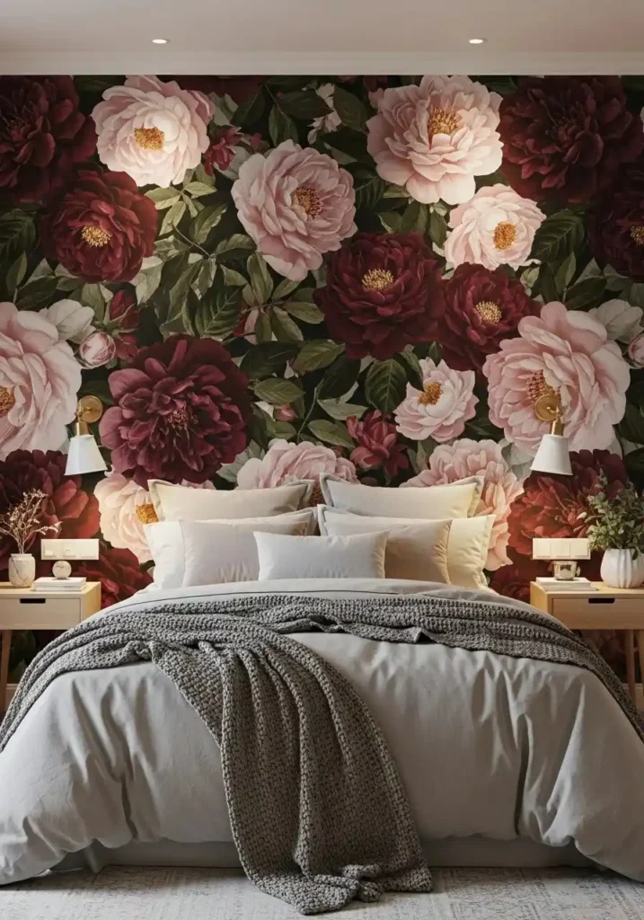 Bedroom with bold burgundy and blush floral wallpaper accent wall