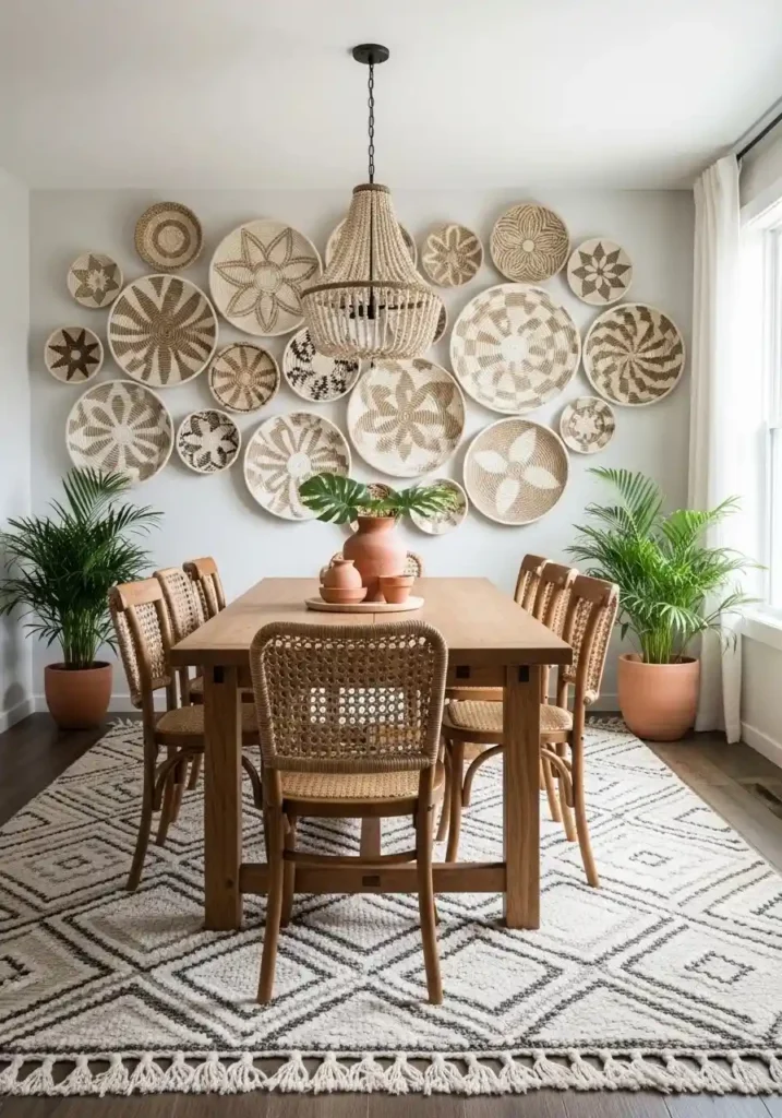 Boho dining room with woven baskets used as wall decor