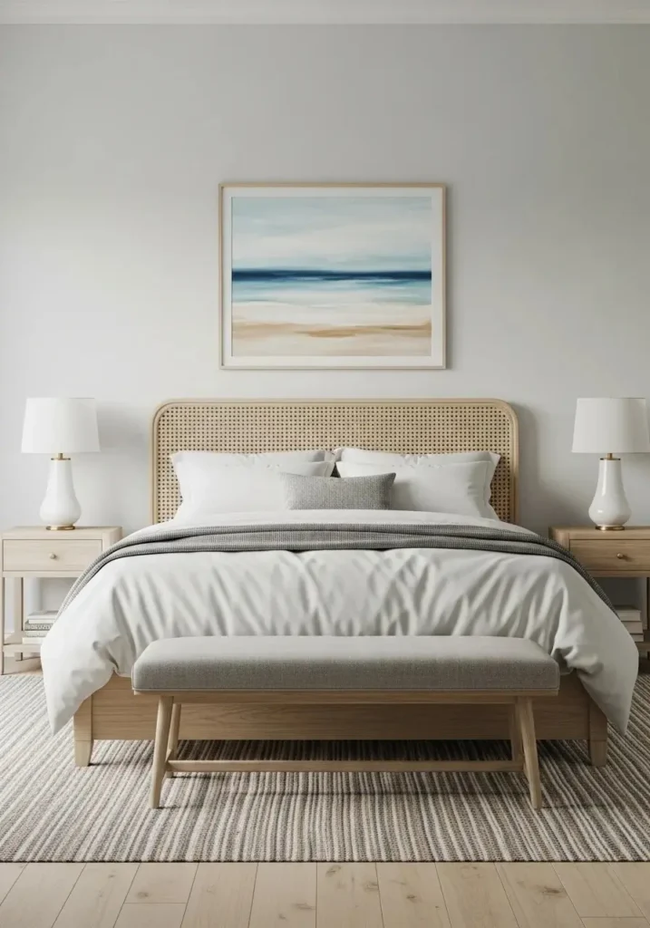 Coastal bedroom featuring light wood furniture and neutral tones