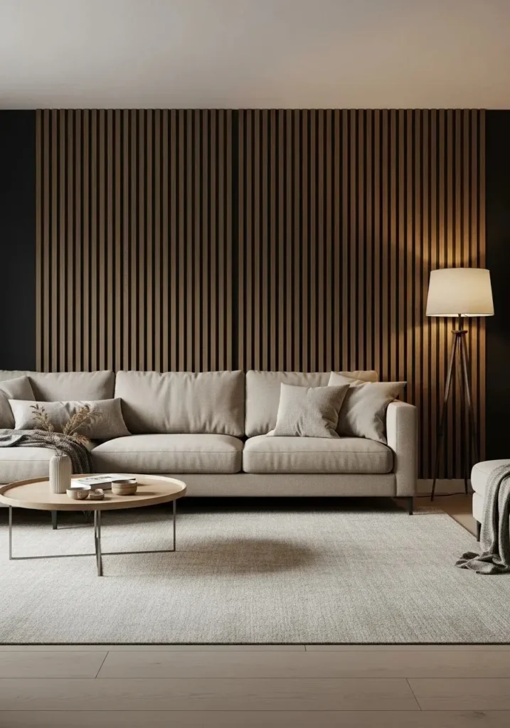 Black wall with vertical wood slats behind sofa