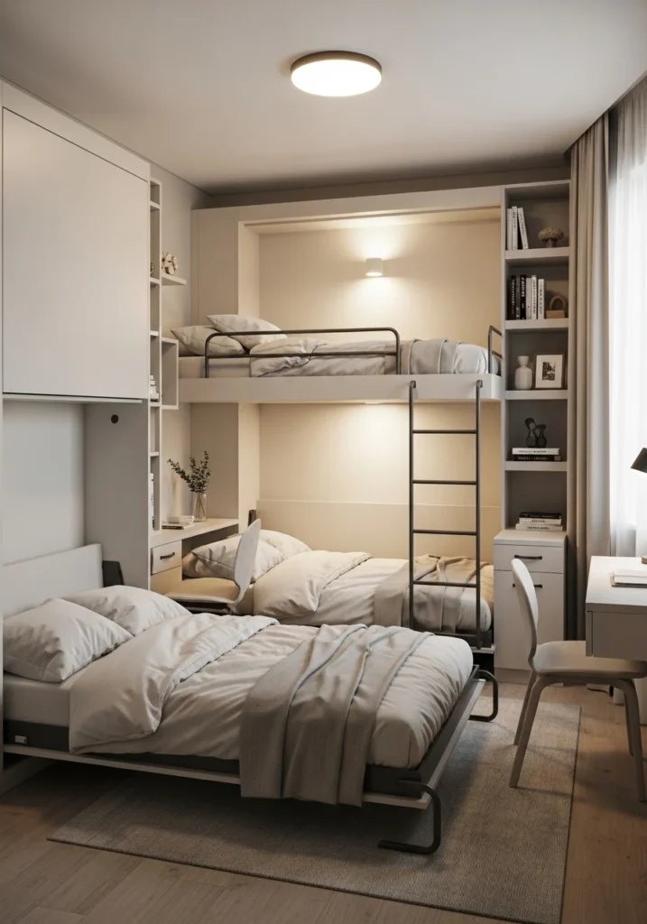 Murphy bunk beds folded up in a bedroom, providing multiple sleeping options in small spaces.