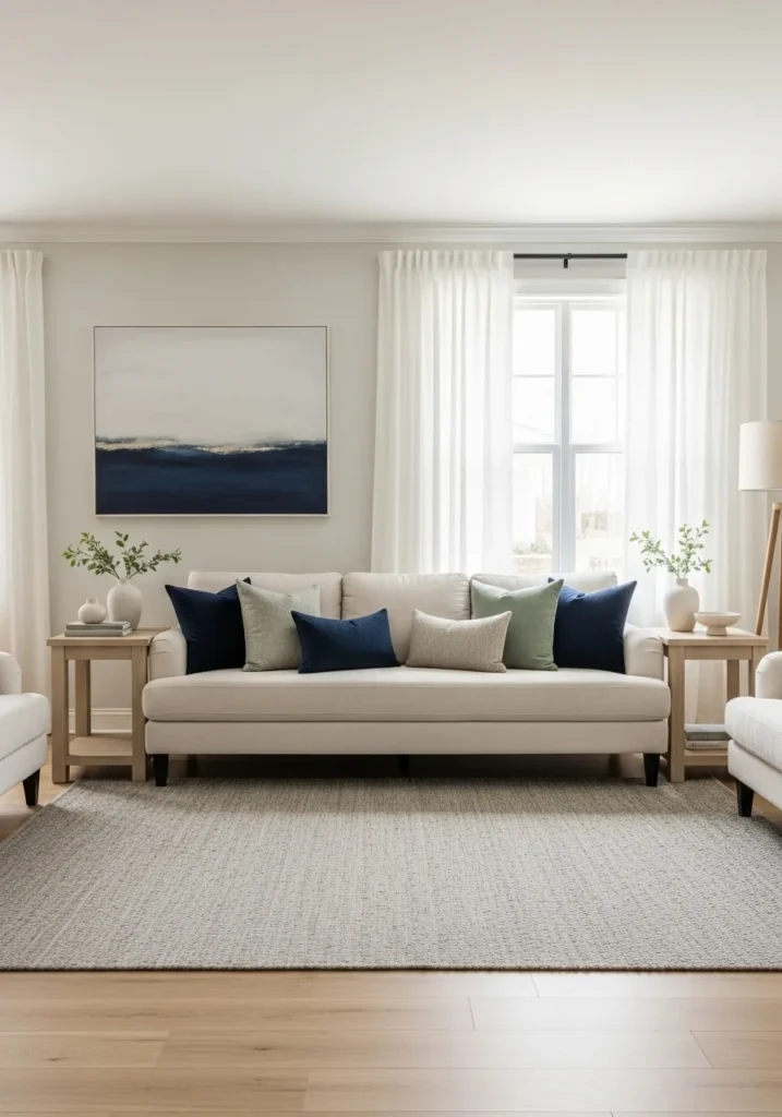 Neutral tones balancing navy and sage in a cozy living room.