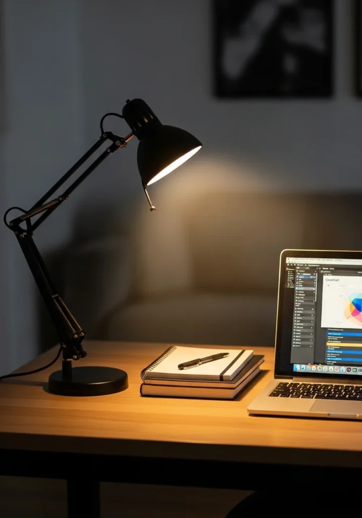 Adjustable desk lamp providing focused lighting over a tidy home office desk.