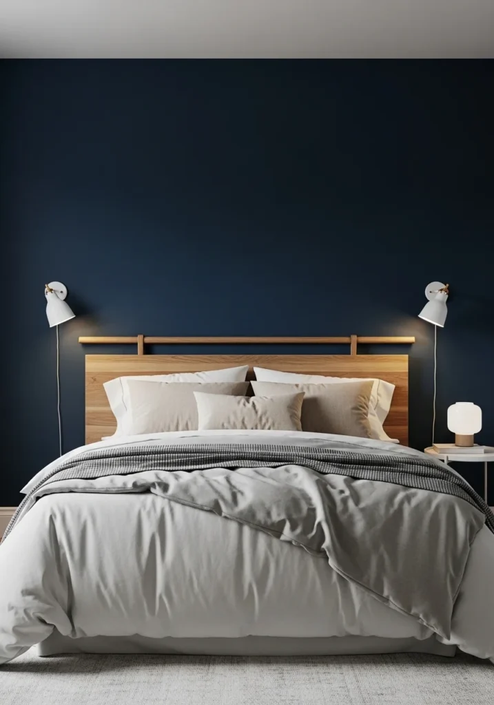 Bold painted accent wall in a stylish bedroom.