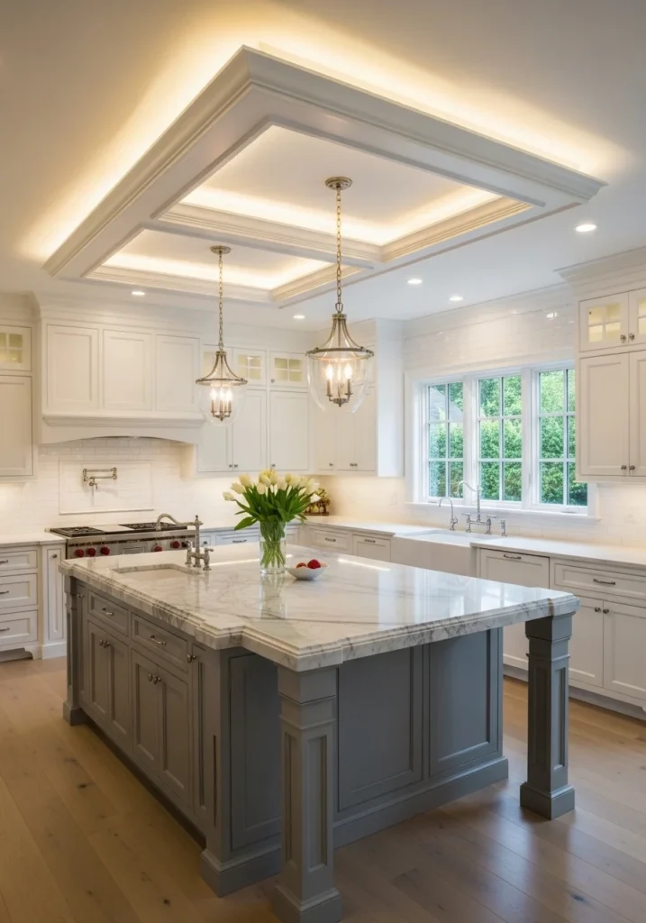 Recessed lighting in coffered kitchen ceiling providing soft, elegant glow.