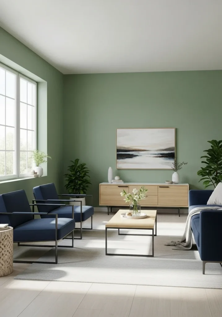 Sage walls paired with navy furniture for a calm and balanced living room.
