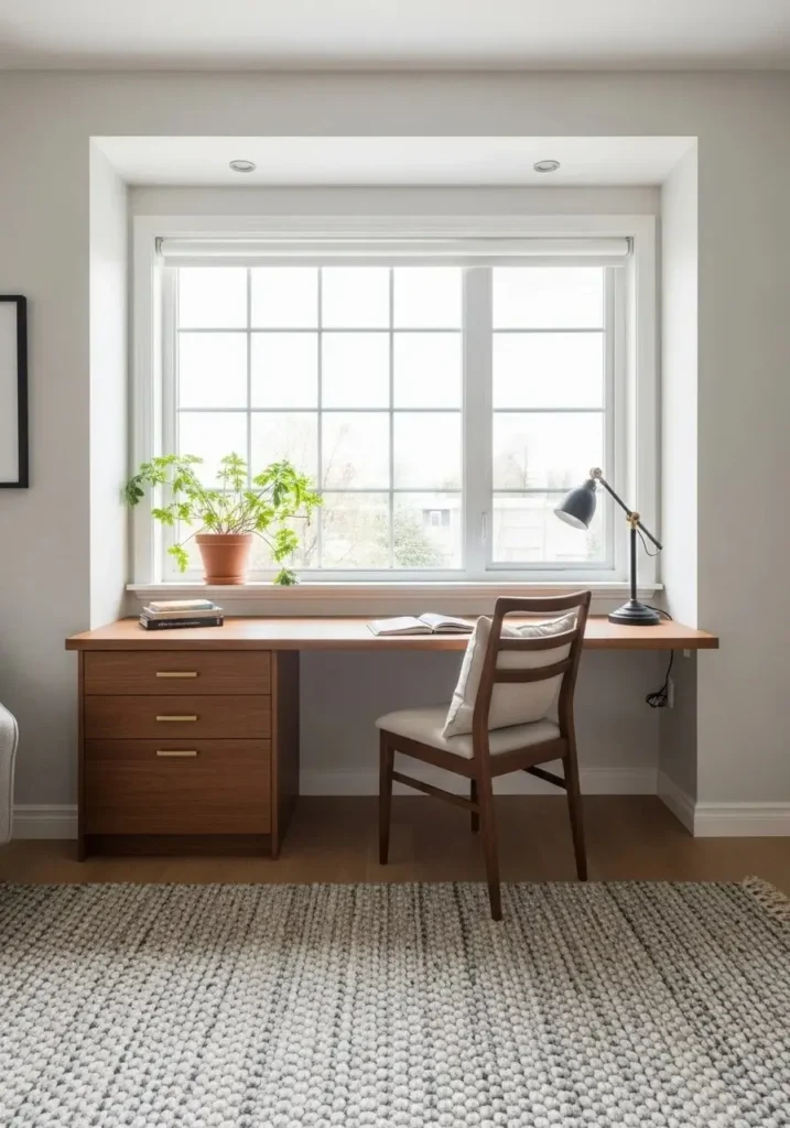 Built-in window desk in a sunlit living room corner.