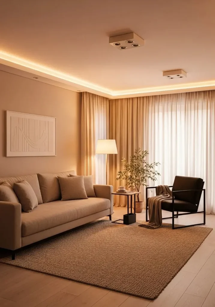 black accent chair with beige sofa cozy living room setup