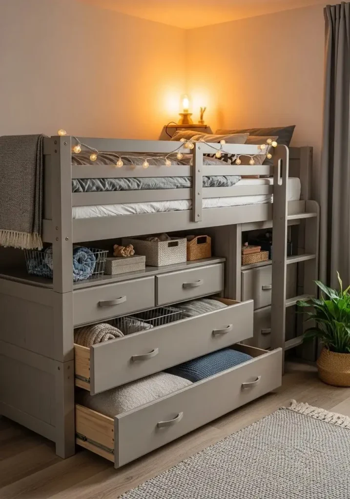 Loft bed with built-in drawers underneath, maximizing storage in a small bedroom.
