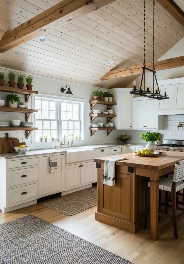 wood plank vaulted ceiling kitchen design