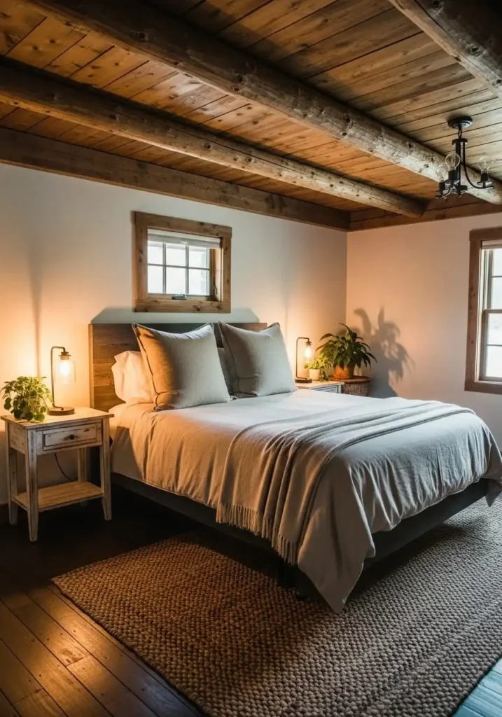 rustic bedroom with wooden ceiling beams