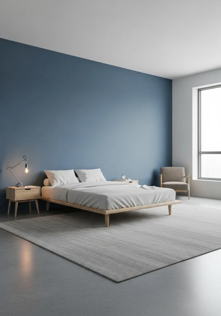 Minimal blue accent wall bedroom with clean lines and simple decor for a calm, modern look