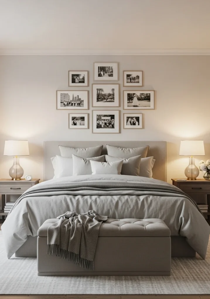 Photo wall placed above bed in a cozy and stylish college bedroom.
