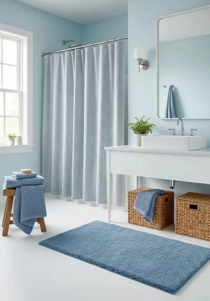 Light blue bathroom with textured rugs and towels.