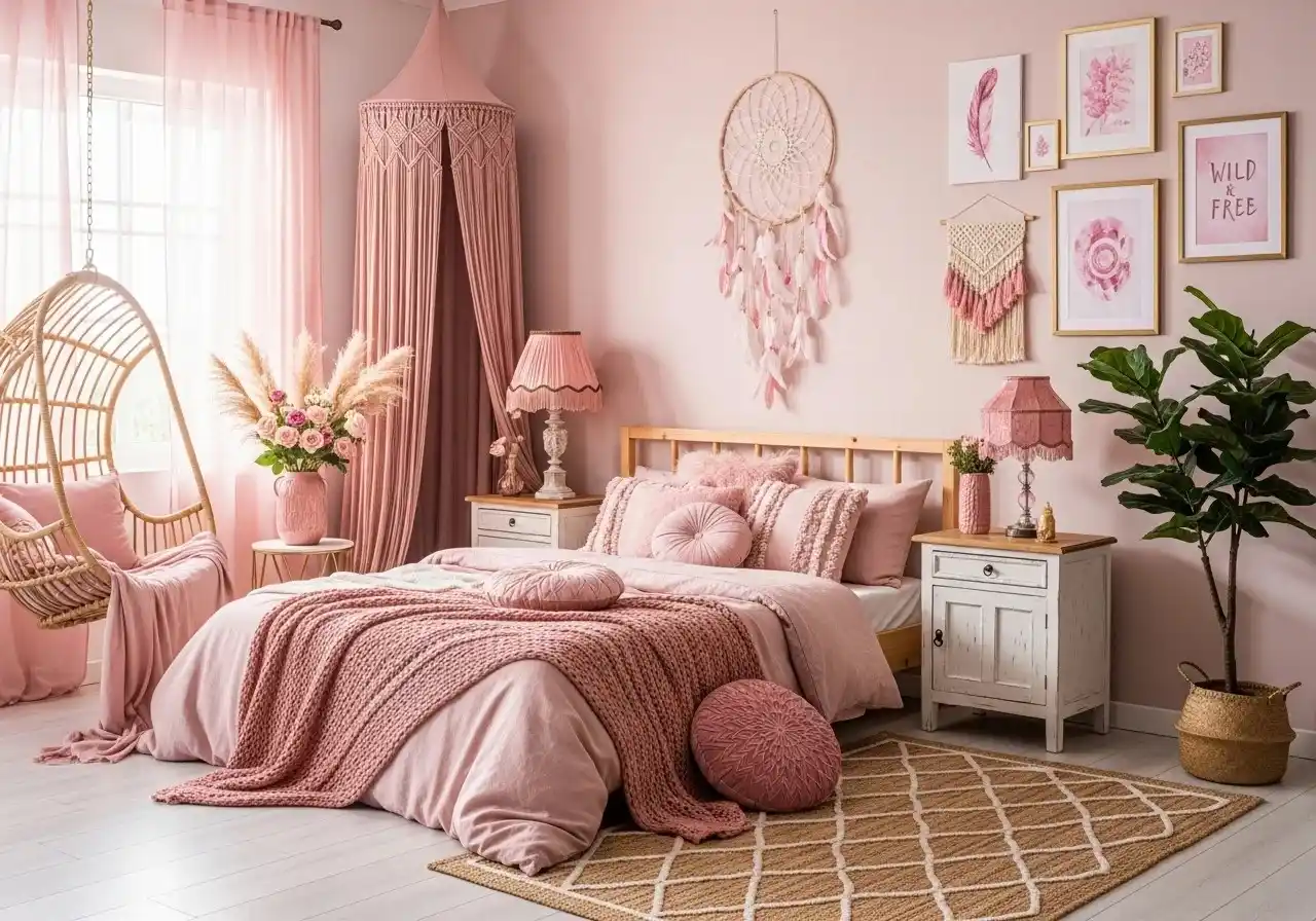 Beautiful pink boho bedroom look