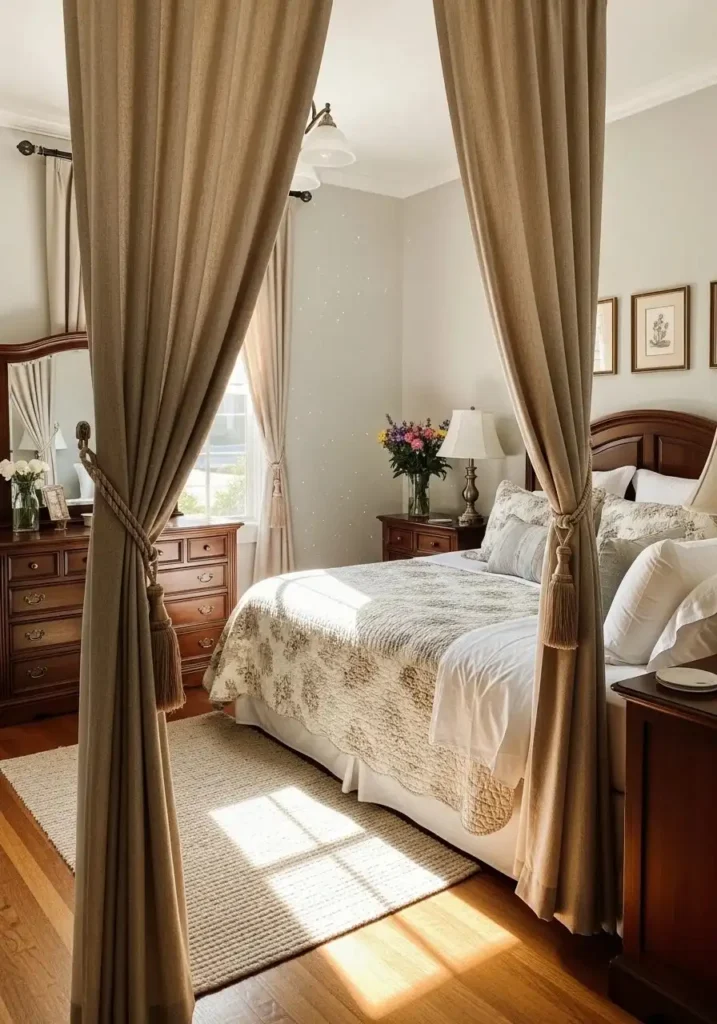 Tie-back curtains framing a bedroom window elegantly.