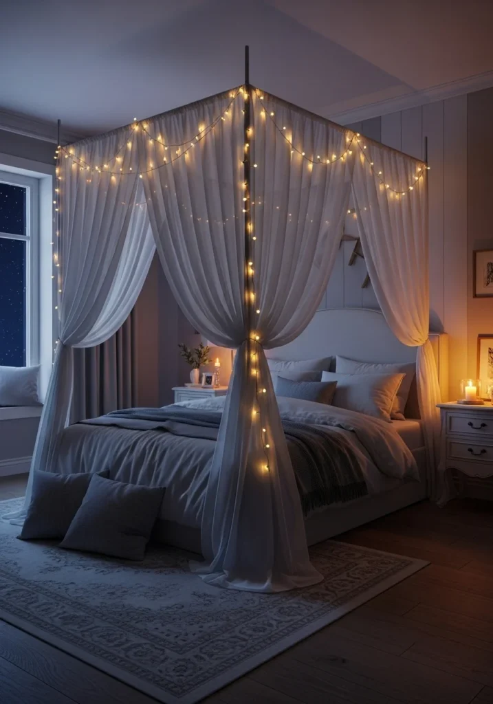 Romantic canopy bed decorated with fairy lights and sheer curtains