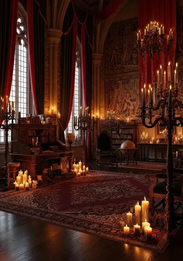 Candlelight in ornate holders creating a romantic, whimsigoth bedroom mood.