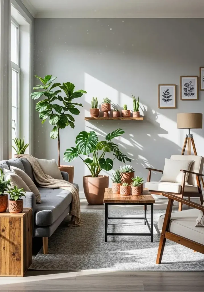 Greenery softens the space, adds vibrancy, and balances the gray and brown color palette.