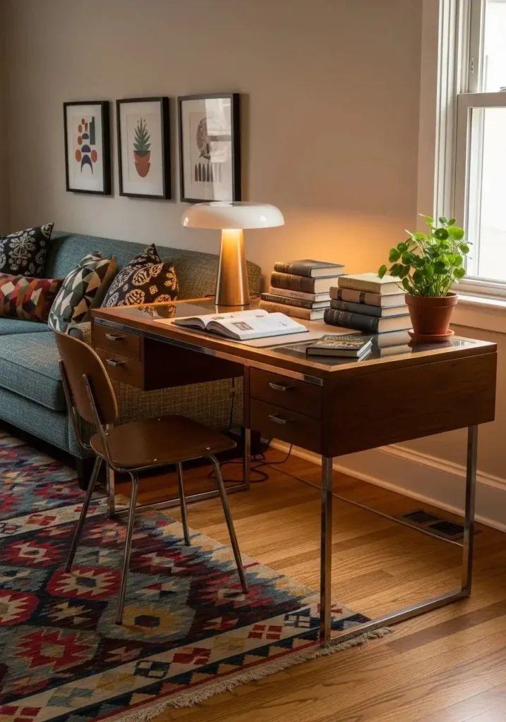 Eclectic mixed-material desk blending into a stylish living room.