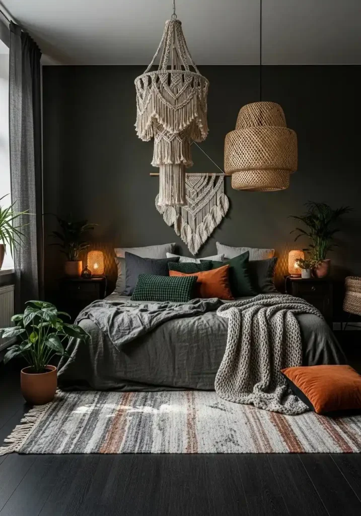 Boho bedroom with a dramatic statement lighting fixture.