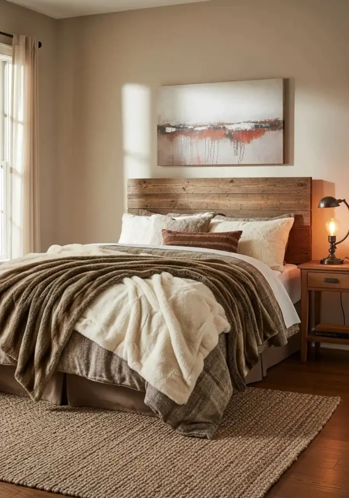 Faux fur accents add warmth, luxury, and softness to a cabin-style bedroom.