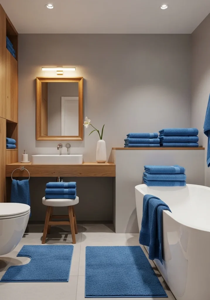 Blue bathroom accessories layered with neutral decor.