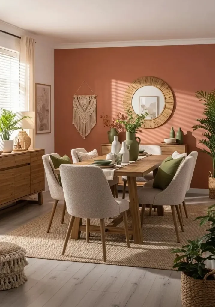 Boho dining room with earthy tones like terracotta and olive green for a warm feel