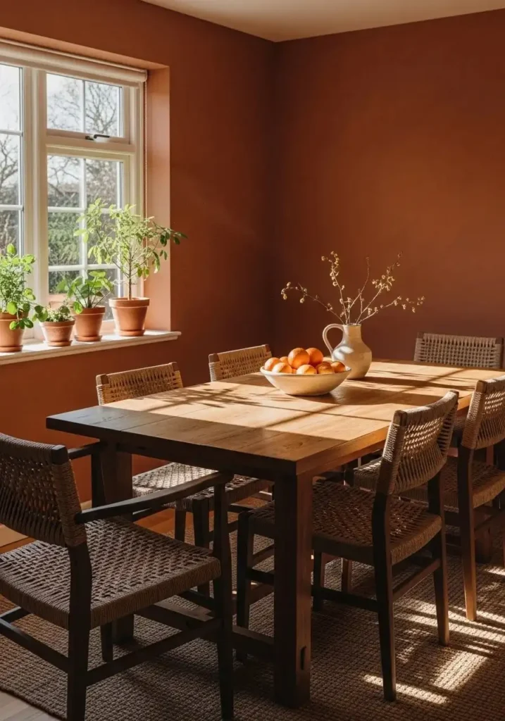 color drenched terracotta dining room