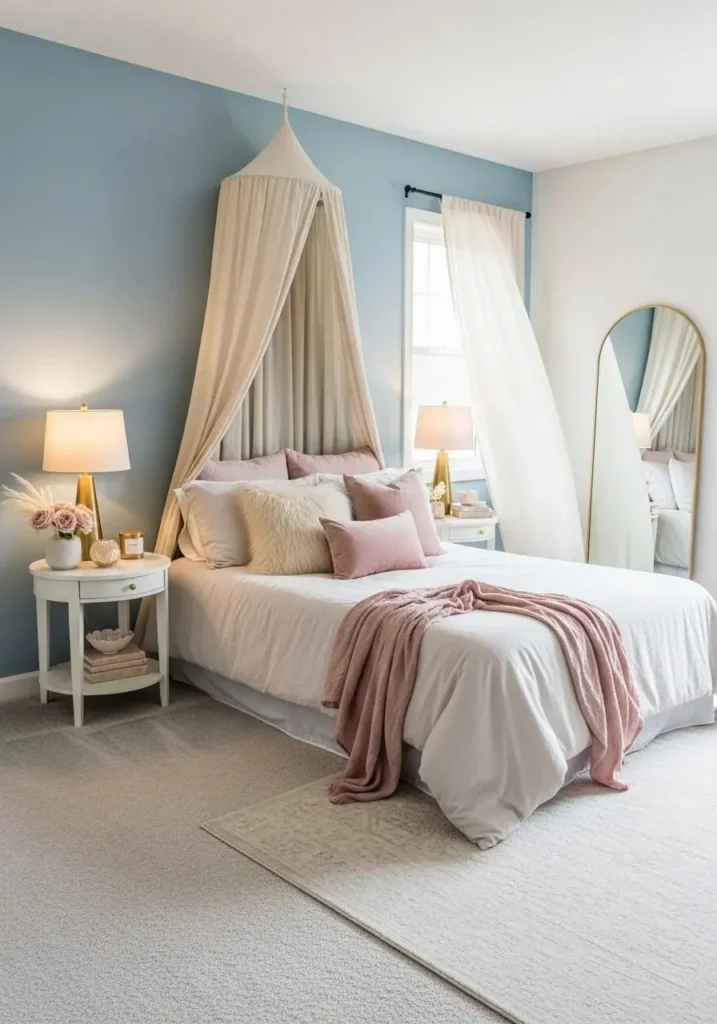 Powder blue bedroom accent wall with soft neutral decor for a gentle and elegant atmosphere