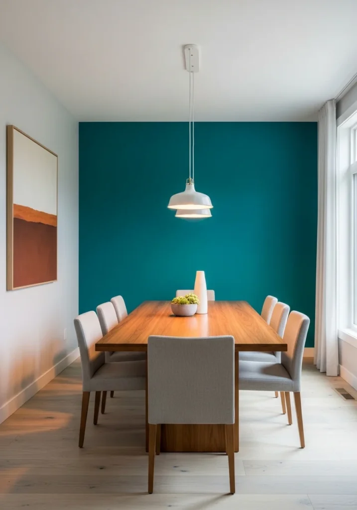 Dining room with a teal accent wall and neutral wooden furniture creating a bold focal point.