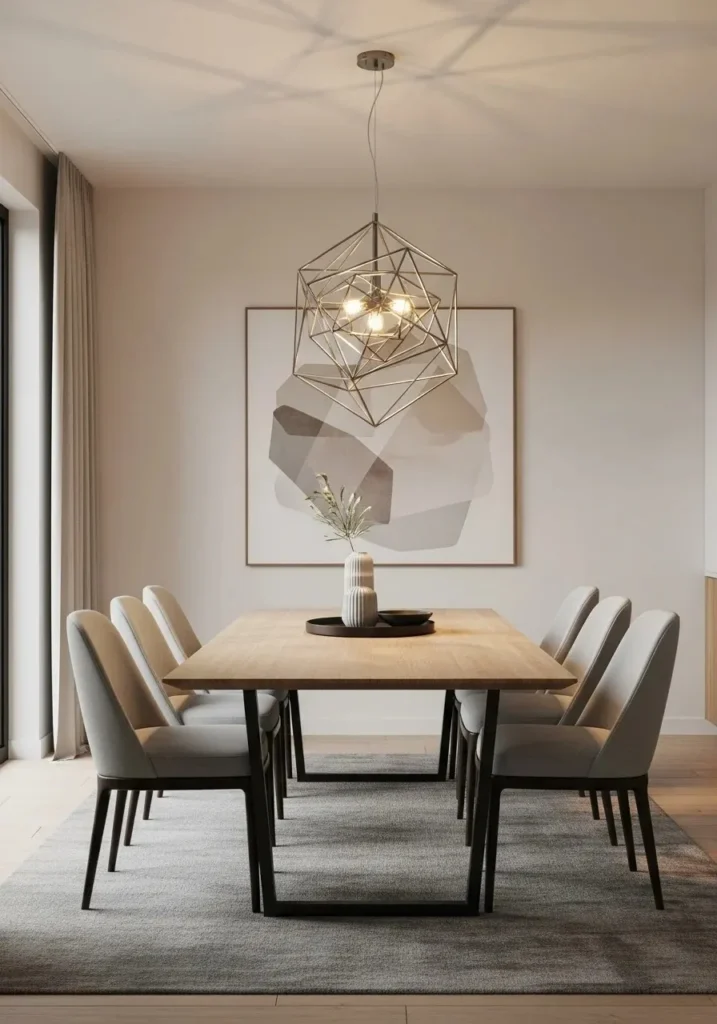 Modern dining room with statement pendant light creating a focal point