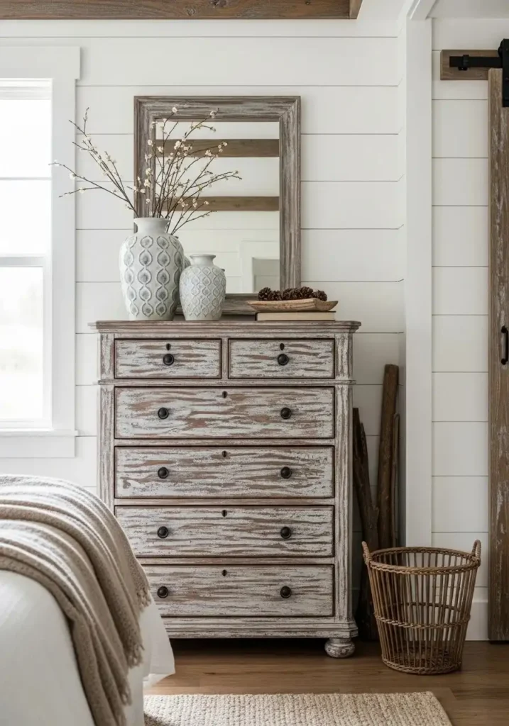 rustic bedroom with distressed dresser