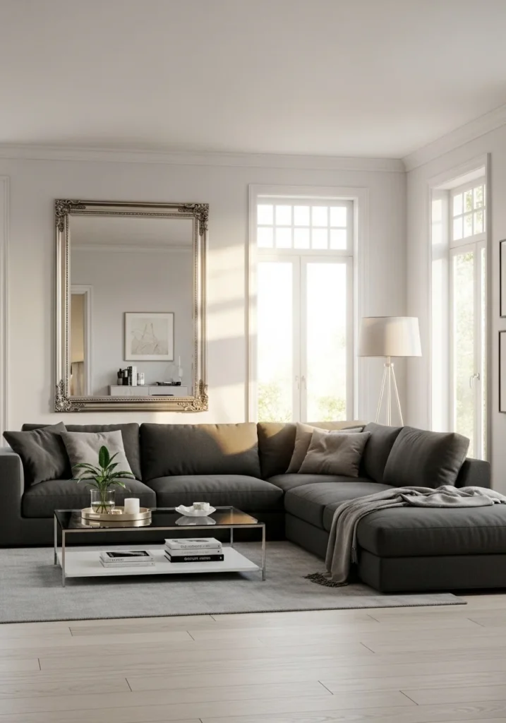 Charcoal couch living room with mirror reflecting light and making space brighter.