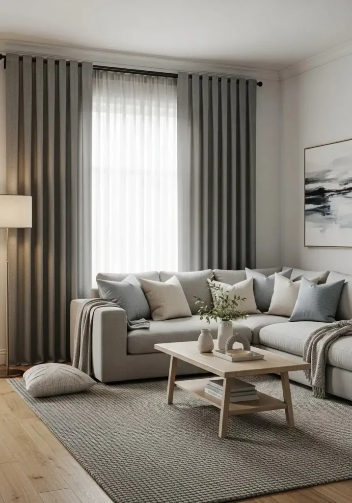 Gray curtains adding warmth to a black and gray living room.