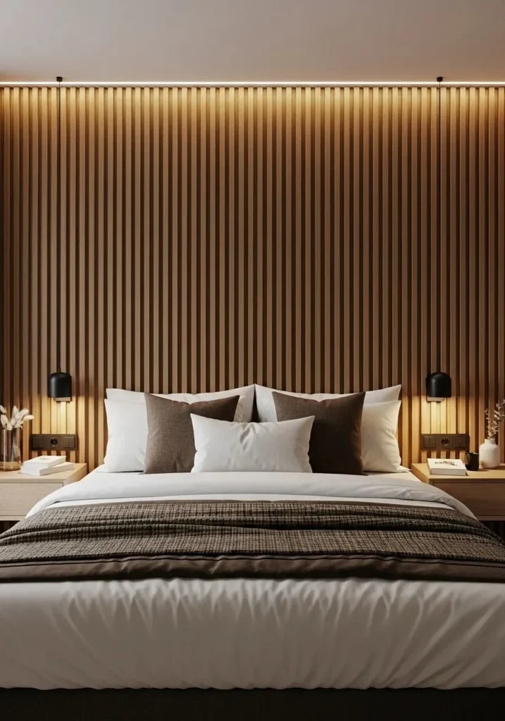 Wood slat accent wall serving as headboard in bedroom with warm lighting.