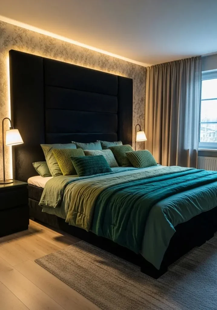 Black headboard paired with green bedding creates a cozy and sophisticated bedroom.