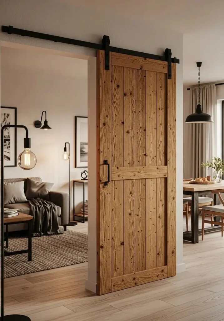 Sliding barn door separating spaces