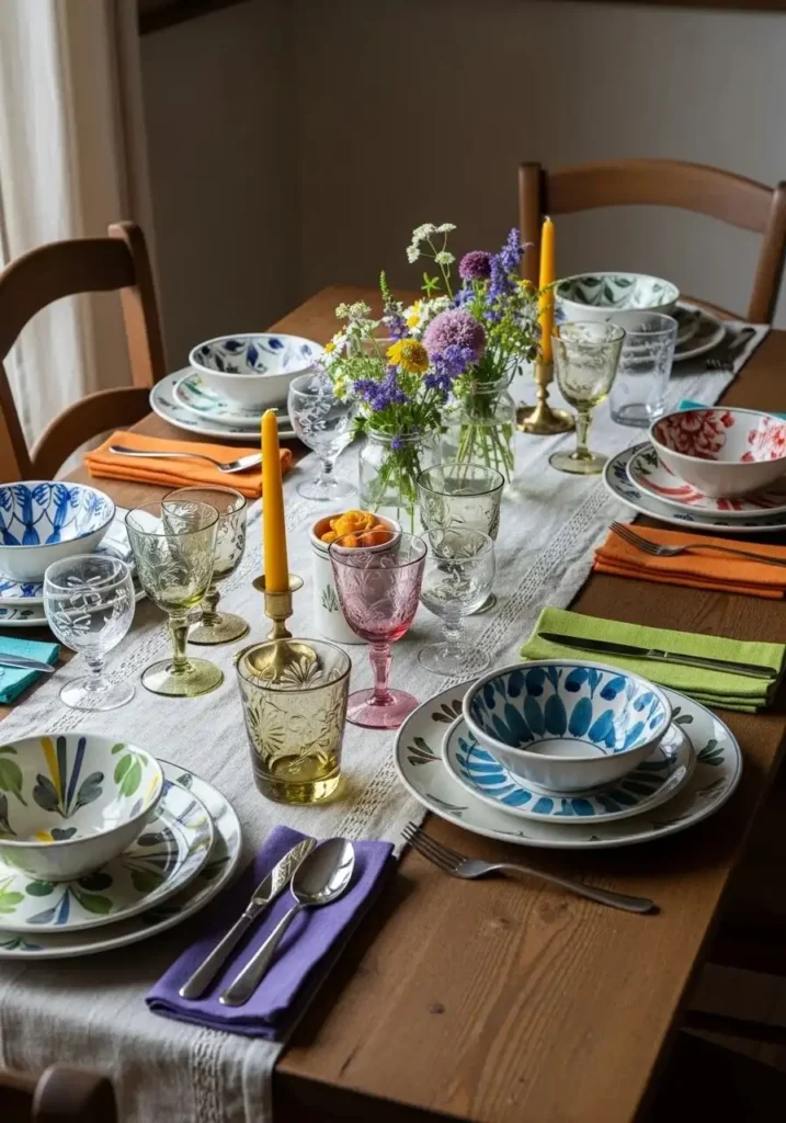 Vibrant mix-and-match tableware adds playful charm and color to meals.