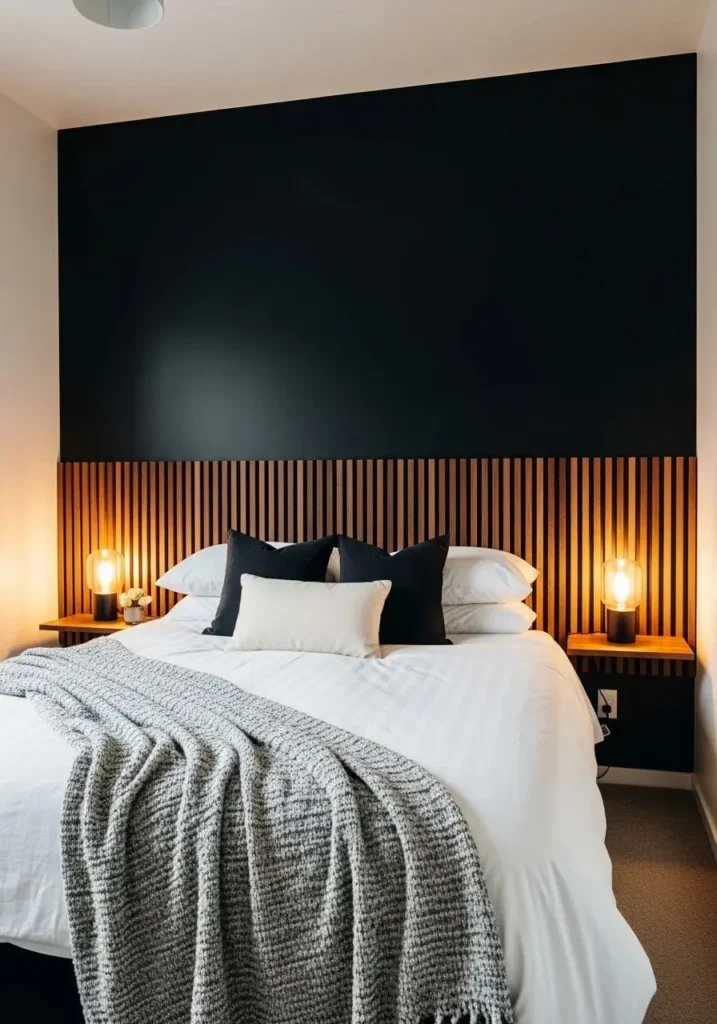 Black slatted wall as bedroom headboard.