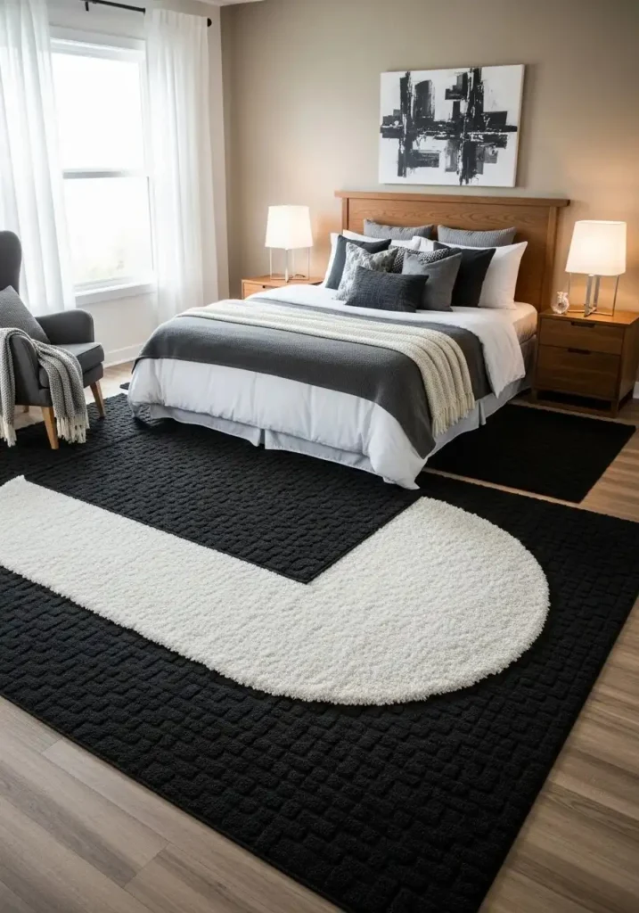 Layered black and white rugs in bedroom.