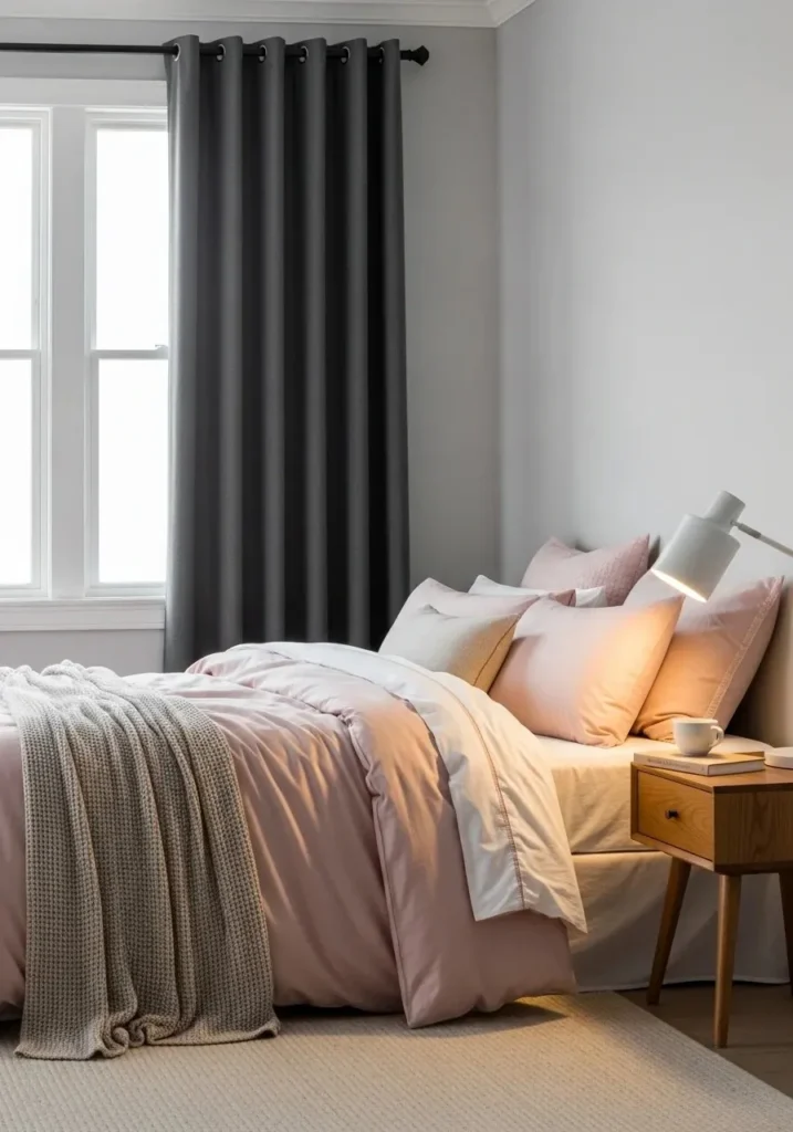 Bedroom with pink bedding and gray curtains creating a soft, cozy atmosphere.