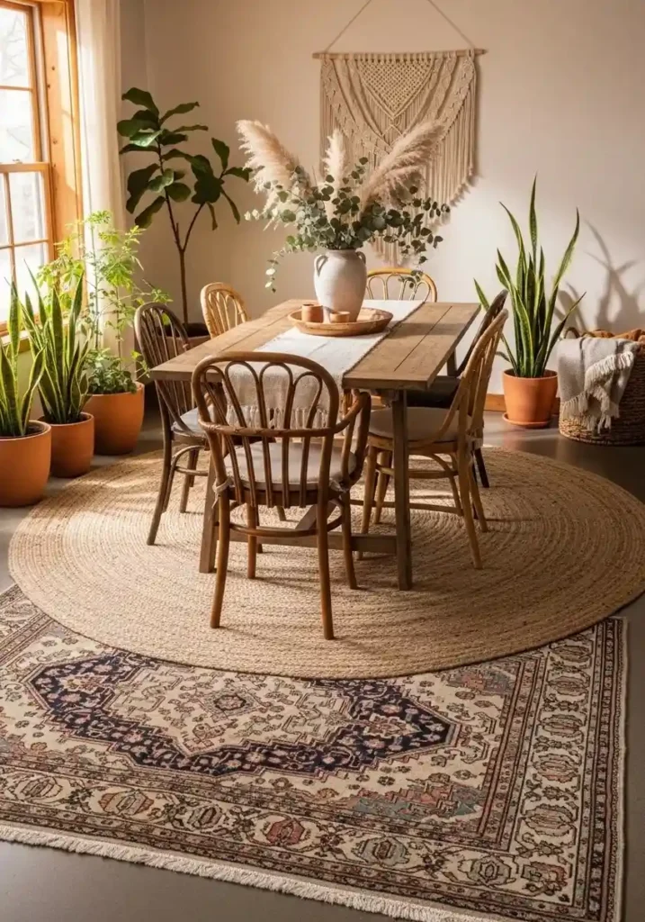 Boho dining room with layered rugs under wooden dining table creating a warm and textured look