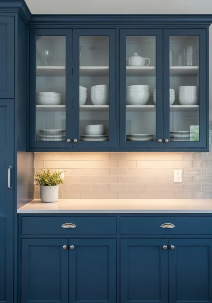 Blue kitchen cabinets with glass doors displaying white dishware.